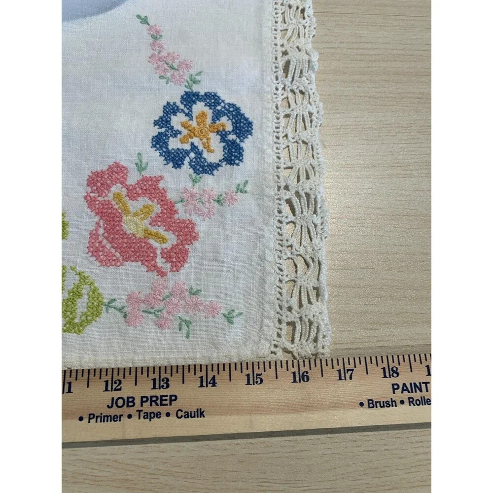 Vintage Floral embroidered dresser scarf- pale yellow